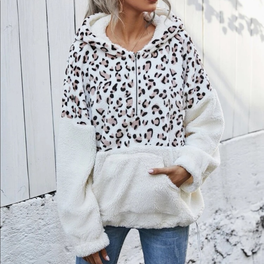 Cream Leopard Faux Fur Hoodie S M L XL